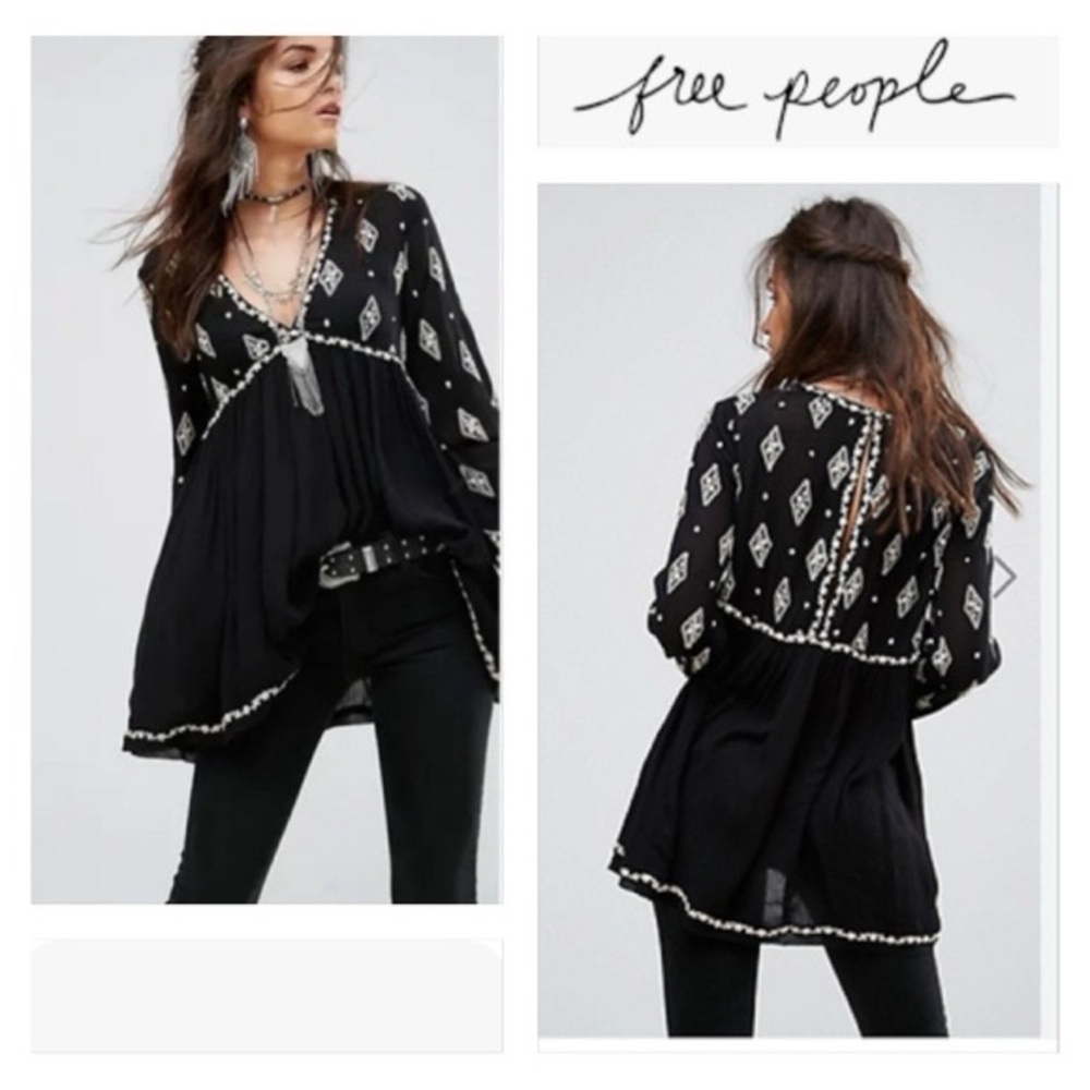 Free People Black Cream Diamond Embroidered Boho Gauze Tunic Dress, Size Small